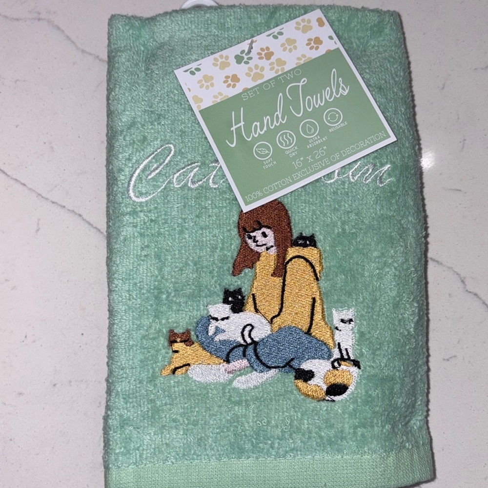 Set of TWO Cat Mom hand towels nwt